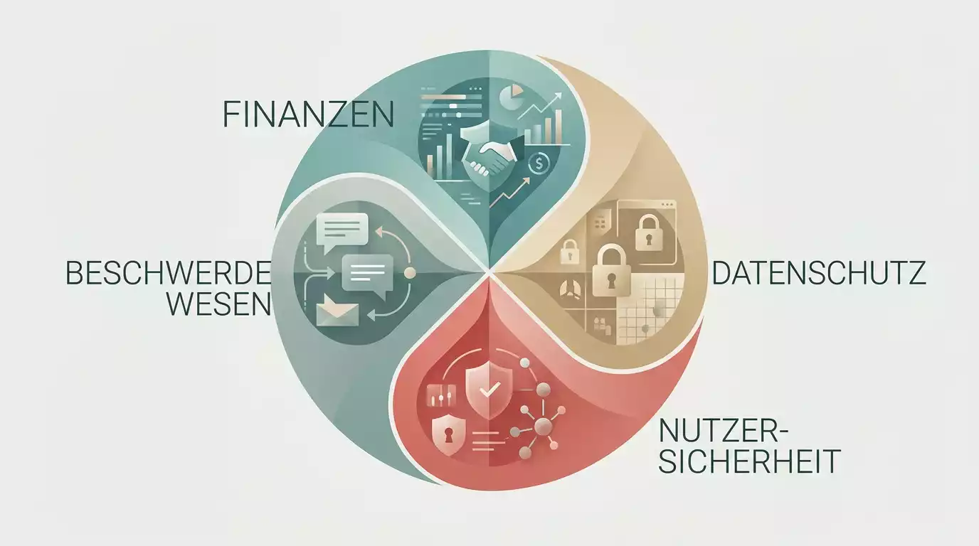 Abstrakter Risikokompass mit Bereichen für Geld, Daten, Schutz und Beschwerden